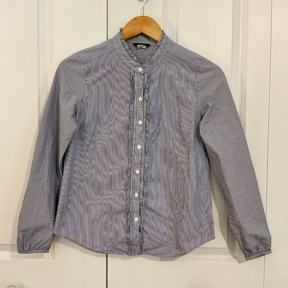 J. Crew Blue White Mattress Tick Stripe Ruffle Long Sleeve Top Size 2